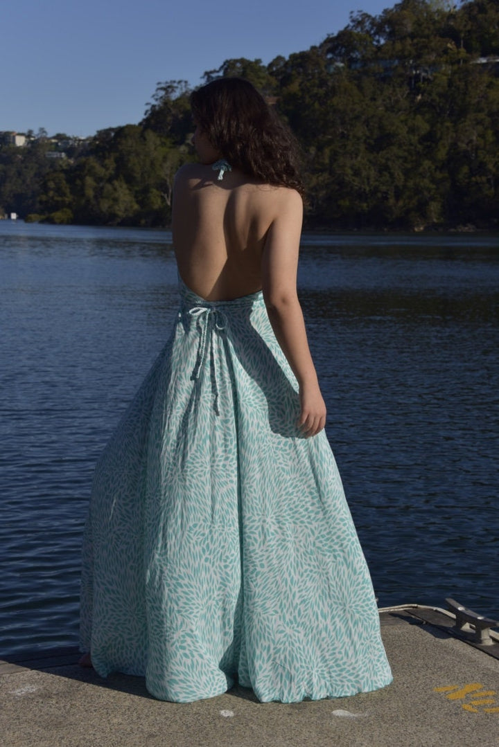 Tiare Flower Maxi Dress - Boho Halter Neck Adjustable Neck Tie Sundress