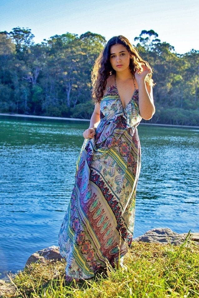 Waikiki Maxi Dress - Boho Backless Sun Dress with Adjustable Neck Ties