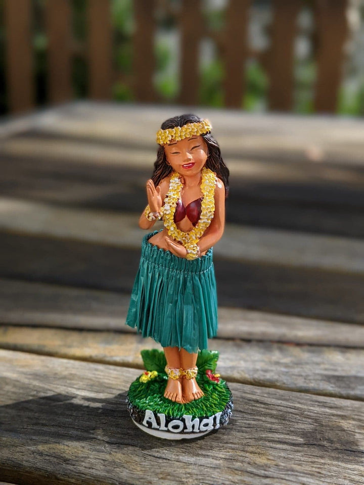 Hawaiian Dashboard Doll - Hand Painted Hula Girl with Natural Skirt & Adhesive Base