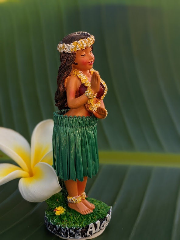 Hawaiian Dashboard Doll - Hand Painted Hula Girl with Natural Skirt & Adhesive Base