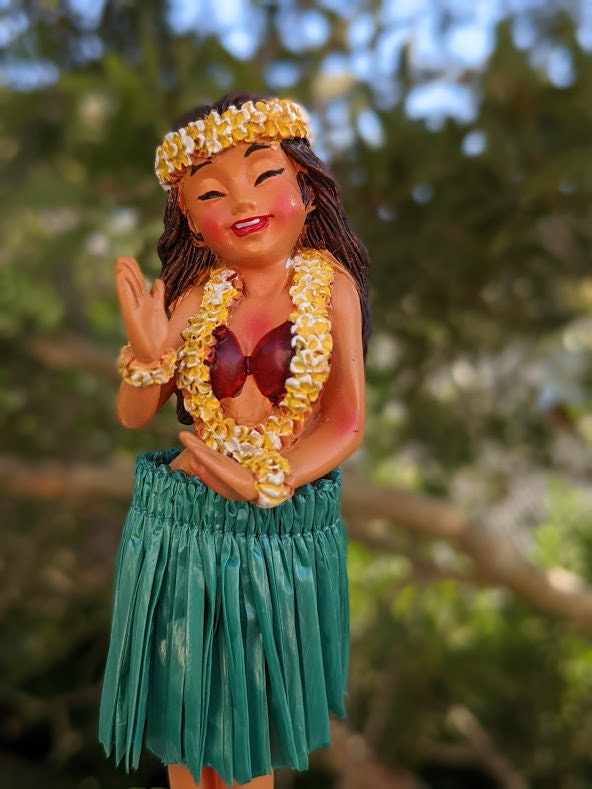 Hawaiian Dashboard Doll - Hand Painted Hula Girl with Natural Skirt & Adhesive Base