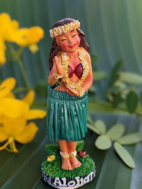 Hawaiian Dashboard Doll - Hand Painted Hula Girl with Natural Skirt & Adhesive Base