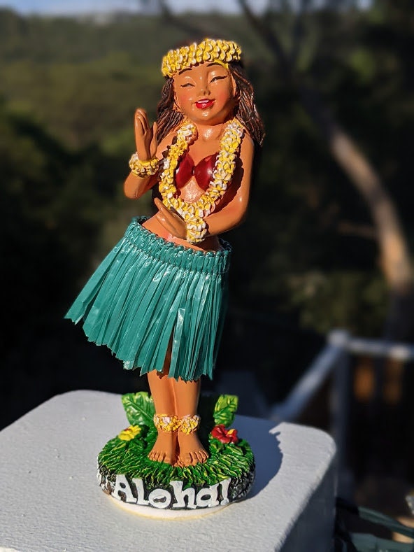 Hawaiian Dashboard Doll - Hand Painted Hula Girl with Natural Skirt & Adhesive Base