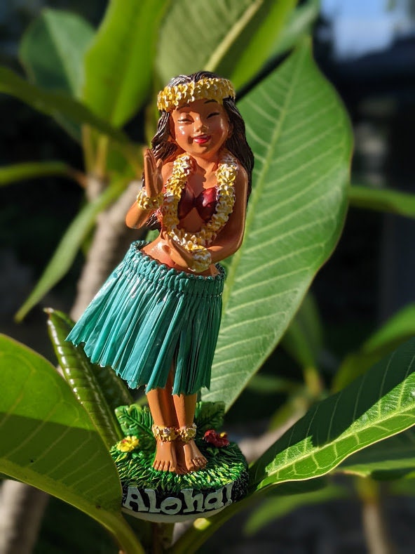 Hawaiian Dashboard Doll - Hand Painted Hula Girl with Natural Skirt & Adhesive Base