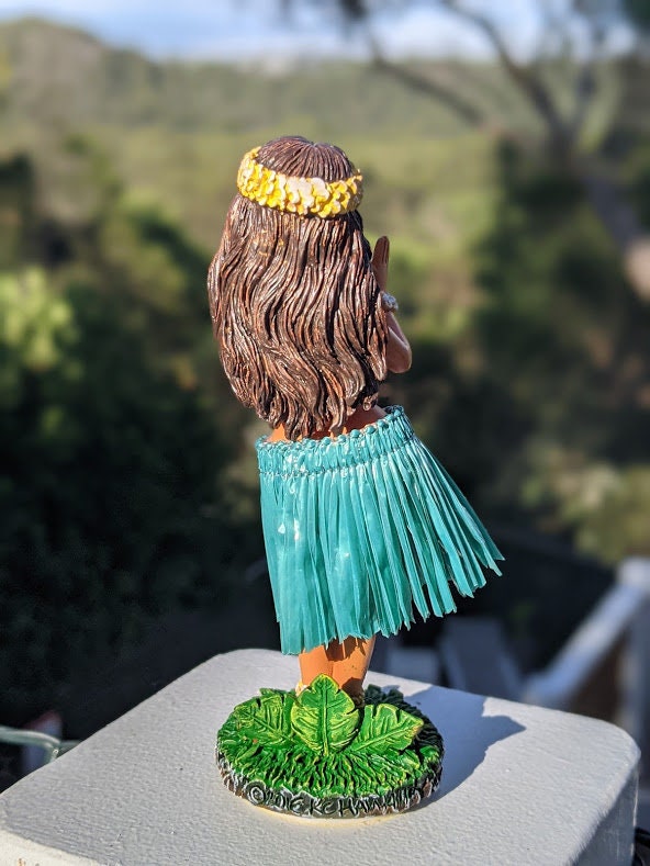 Hawaiian Dashboard Doll - Hand Painted Hula Girl with Natural Skirt & Adhesive Base