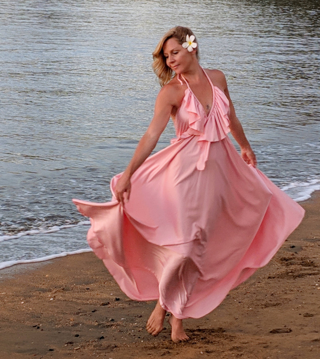 Silk Maxi Dress – Flowy Halter Neck Dress with Adjustable Neck Ties & Ruffles