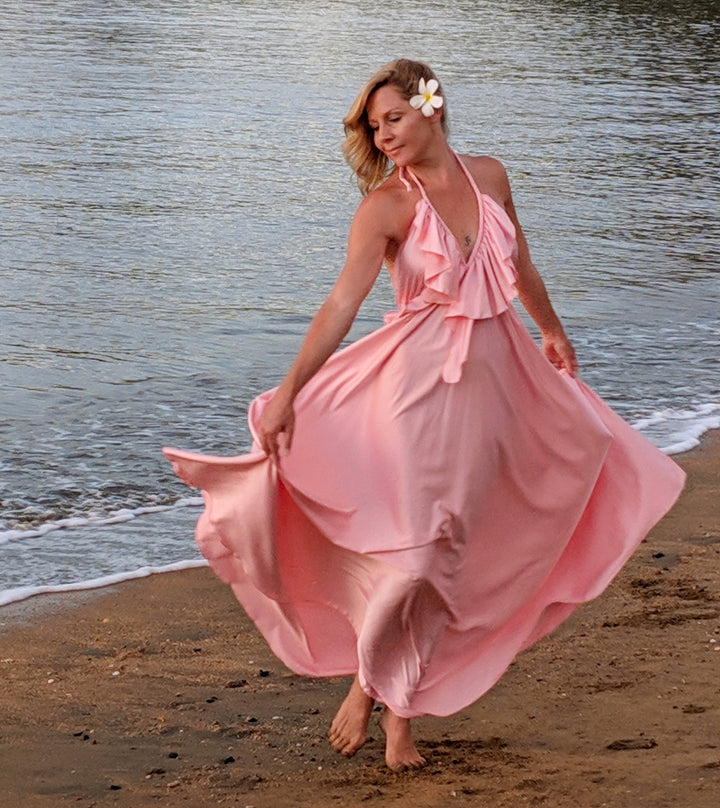 Silk Maxi Dress – Flowy Halter Neck Dress with Adjustable Neck Ties & Ruffles