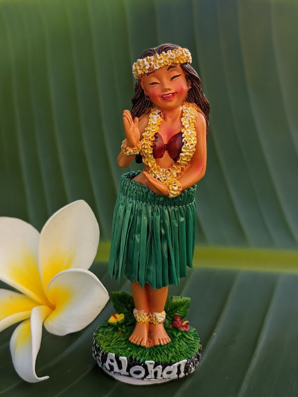 Hawaiian Dashboard Doll - Hand Painted Hula Girl with Natural Skirt & Adhesive Base