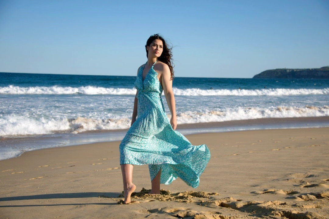 Tiare Flower Maxi Dress - Boho Halter Neck Adjustable Neck Tie Sundress