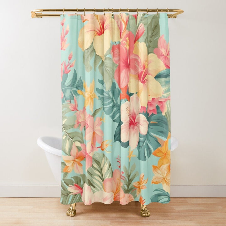 Aqua Floral Shower Curtain - Multi-Color Tropical 72x72