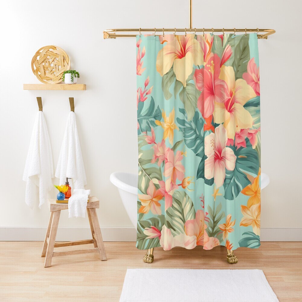 Aqua Floral Shower Curtain - Multi-Color Tropical 72x72