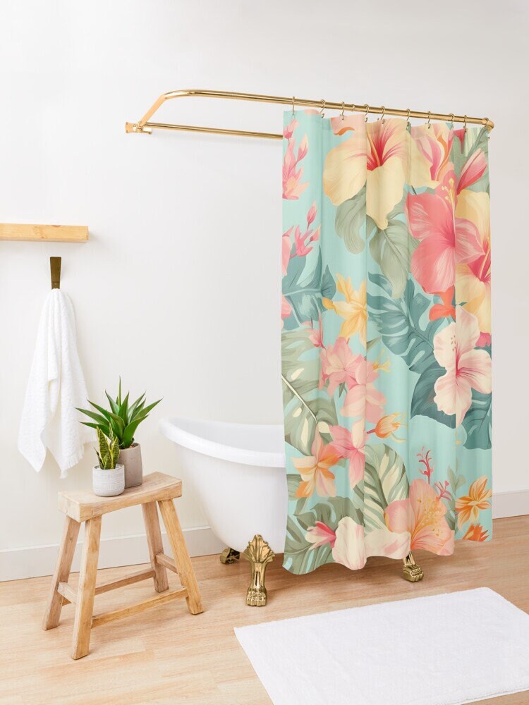 Aqua Floral Shower Curtain - Multi-Color Tropical 72x72