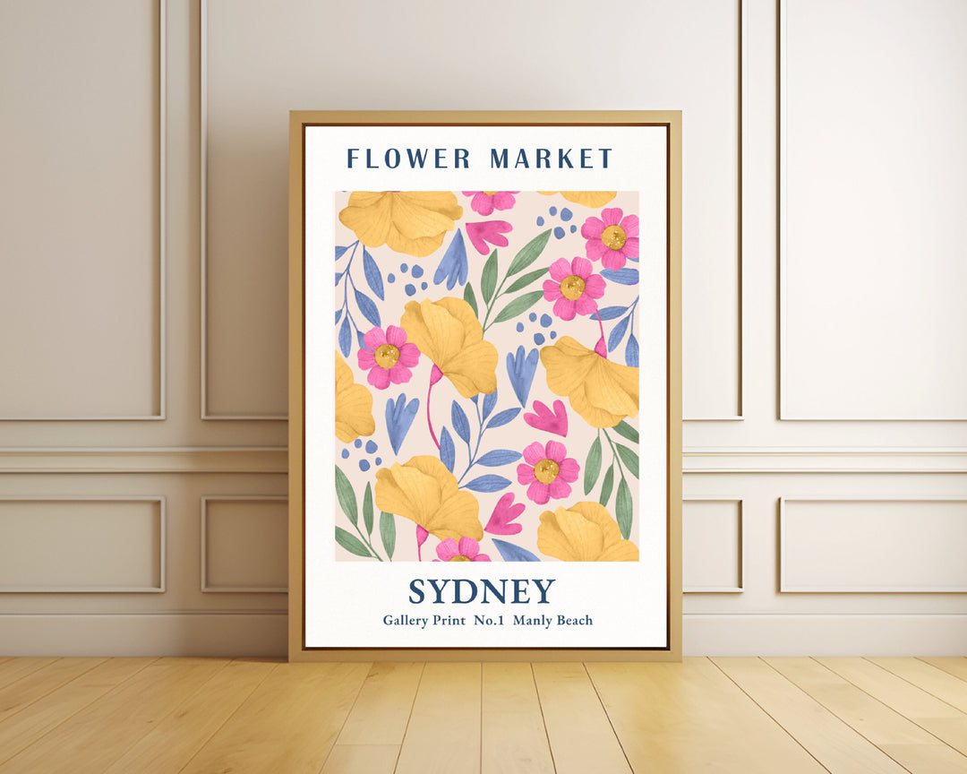 A framed poster of a floral pattern and words Flower Market Sydney