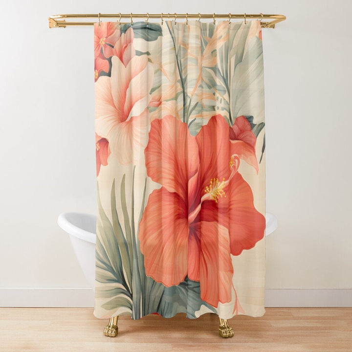Waimea Bay Tropical Hibiscus Shower Curtain | Vintage Hawaiian Floral Print