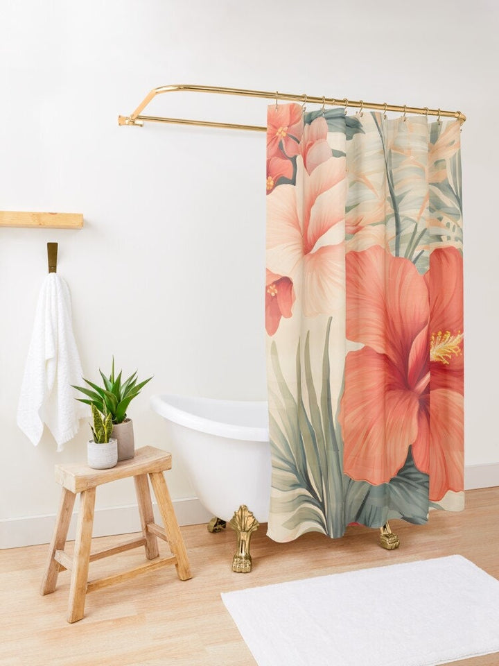 Waimea Bay Tropical Hibiscus Shower Curtain | Vintage Hawaiian Floral Print