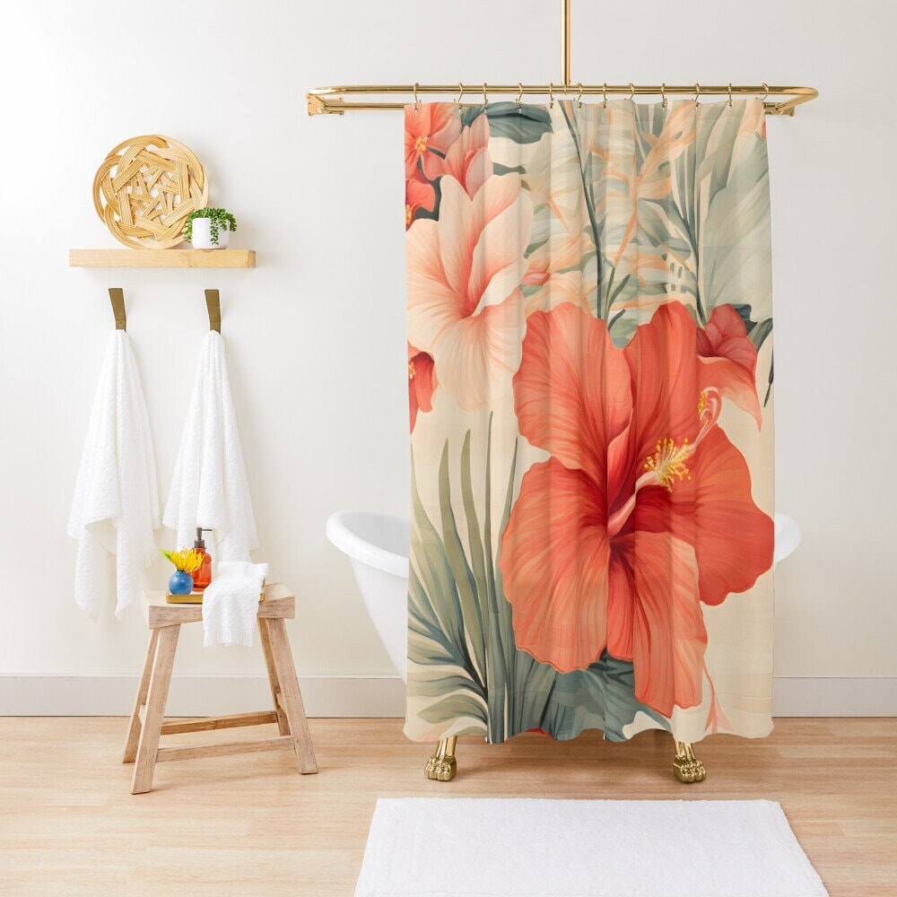 Waimea Bay Tropical Hibiscus Shower Curtain | Vintage Hawaiian Floral Print