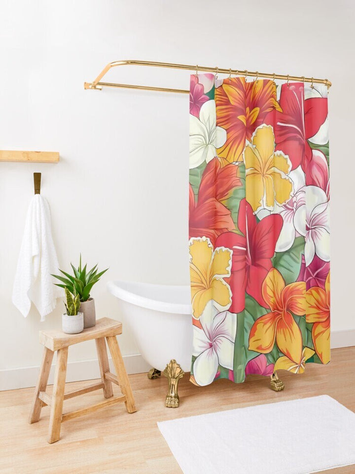 Tropical Shower Curtain – Vintage Hawaiian Print Floral Bathroom Decor