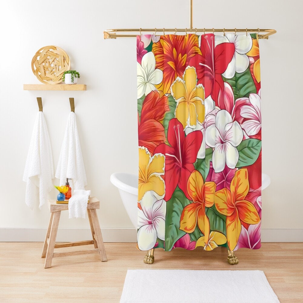 Tropical Shower Curtain – Vintage Hawaiian Print Floral Bathroom Decor
