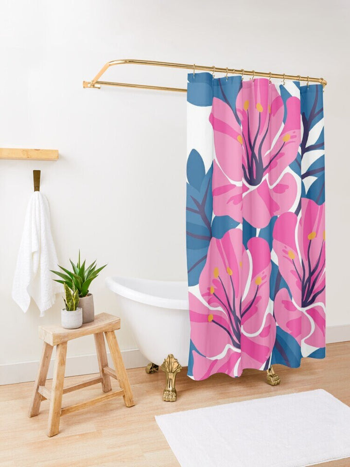 Pink Hibiscus Shower Curtain - Waterproof Tropical Decor