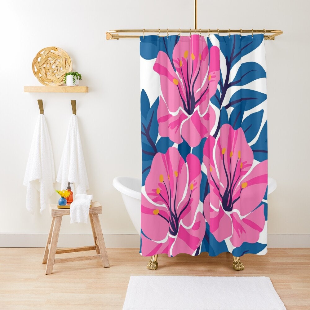 Pink Hibiscus Shower Curtain - Waterproof Tropical Decor