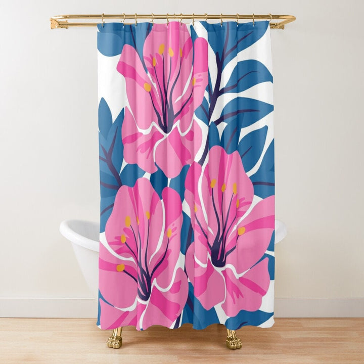 Pink Hibiscus Shower Curtain - Waterproof Tropical Decor