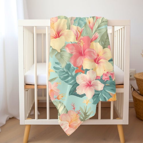 Leilani Baby Swaddle Blanket | Soft Jersey Polyester Vintage Hawaiian Hibiscus