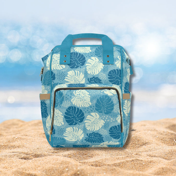 Waterproof Diaper Backpack, Blue Tropical Leaf Print