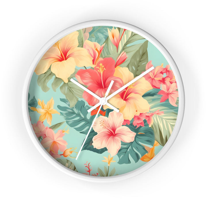 Coastal Wall Clock | Silent Quartz Movement | Tropical Hibiscus Decor