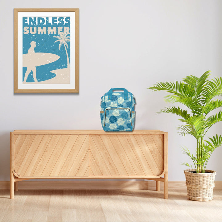 Waterproof Diaper Backpack, Blue Tropical Leaf Print