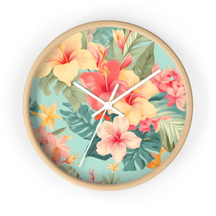 Coastal Wall Clock | Silent Quartz Movement | Tropical Hibiscus Decor