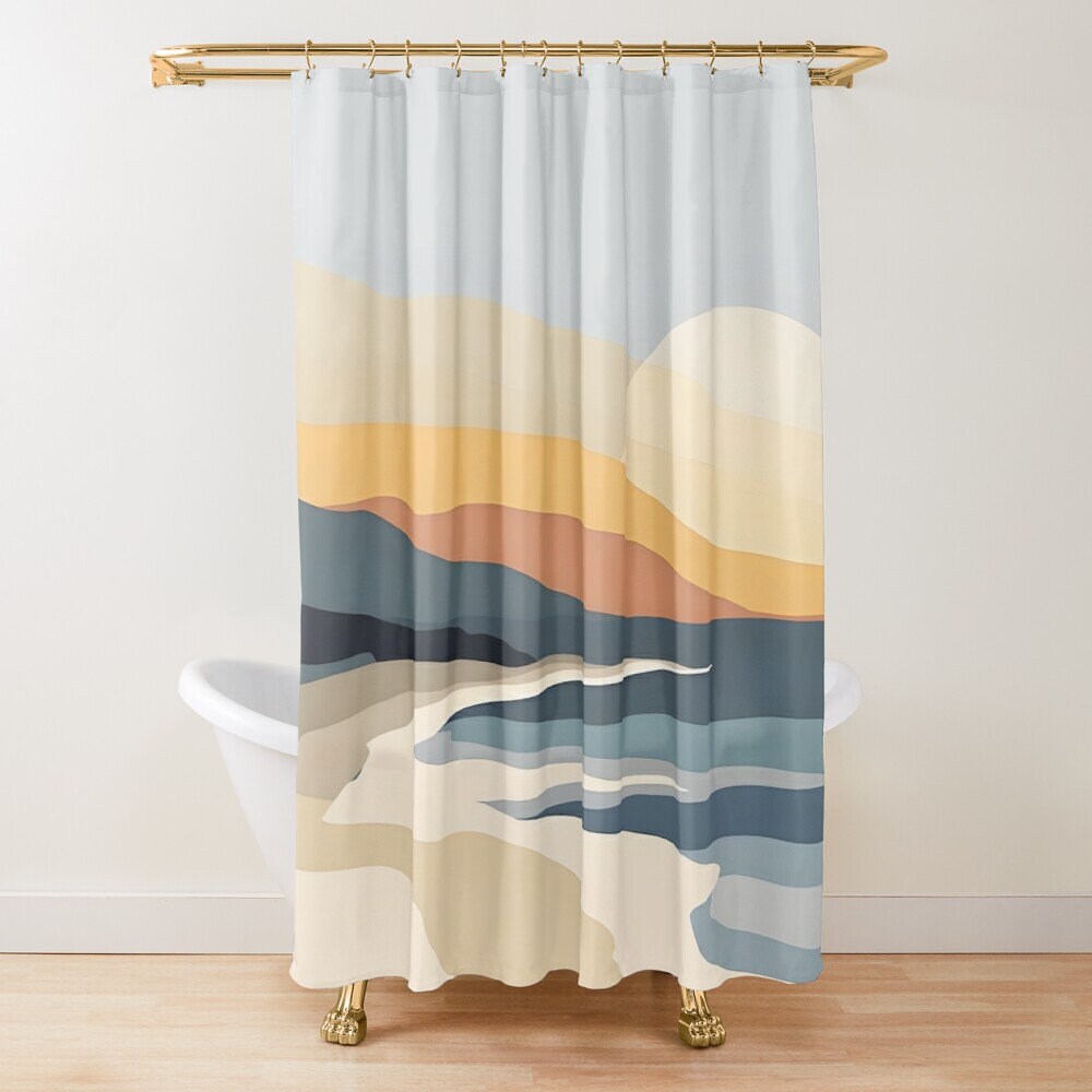 a shower curtain with an abstract beach scene design, sun, mountains and sea in soft colours