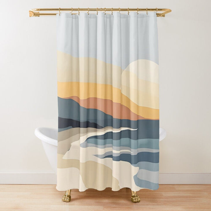 a shower curtain with an abstract beach scene design, sun, mountains and sea in soft colours