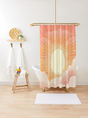 Abstract Sunrise Beach Shower Curtain, Bohemian Mid Century Modern Bath Curtain, Minimalist Boho Bath Curtain, Mid Century Sunset Decor