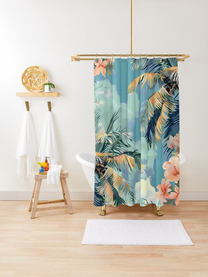 Sunset Palm Leaf Shower Curtain - Tropical Waterproof 72x72