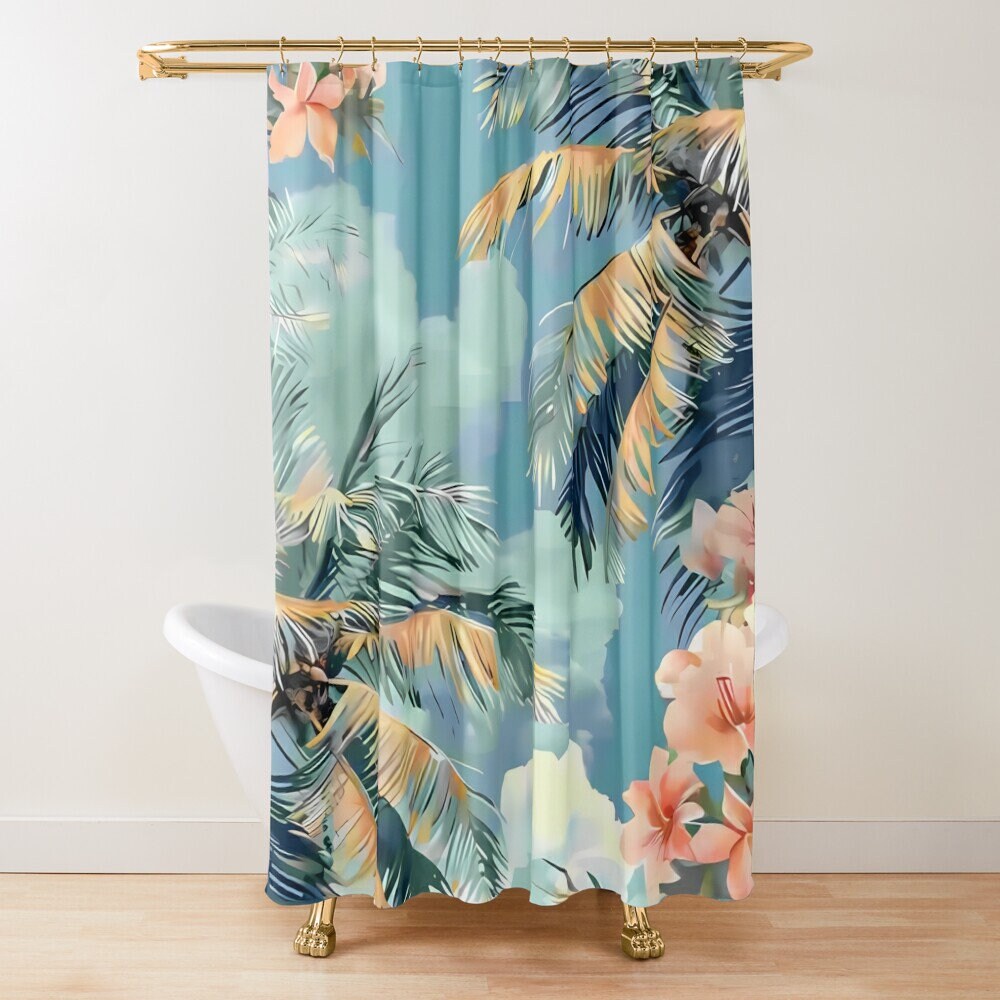 A shower curtain with a tropical print featuring palm leaves and flowers in shades of blue, green, and pink.