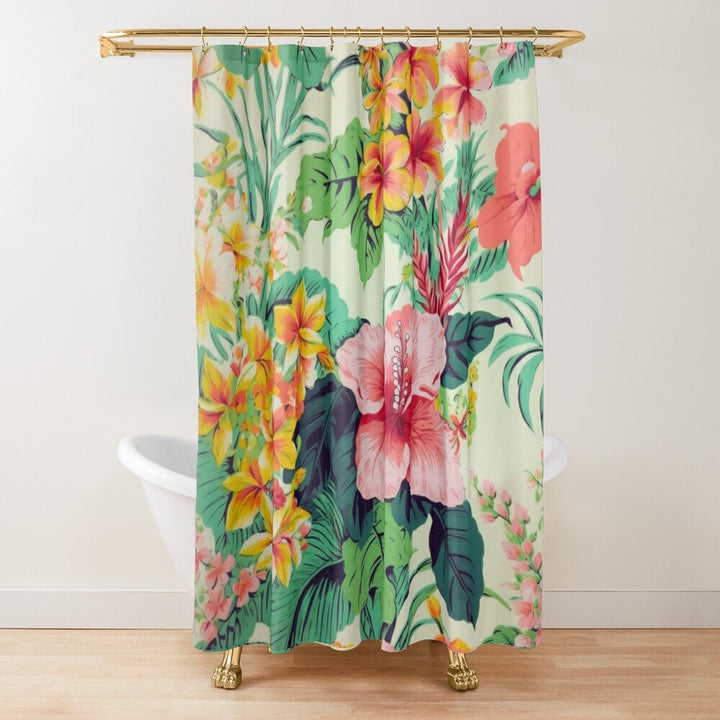 Hibiscus Shower Curtain - Vintage Hawaiian Print Tropical Floral Bathroom Decor