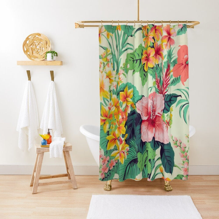 Hibiscus Shower Curtain - Vintage Hawaiian Print Tropical Floral Bathroom Decor