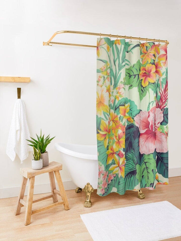 Hibiscus Shower Curtain - Vintage Hawaiian Print Tropical Floral Bathroom Decor