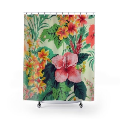 Hibiscus Shower Curtain - Vintage Hawaiian Print Tropical Floral Bathroom Decor