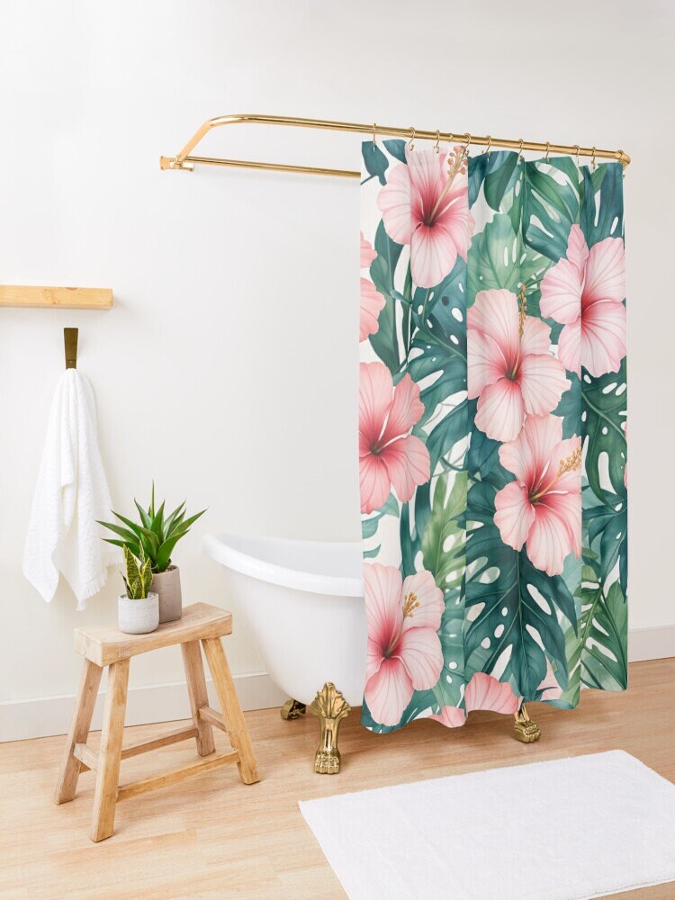 Waikiki Garden Vintage Hawaiian Shower Curtain | Tropical Floral Print Waterproof Decor