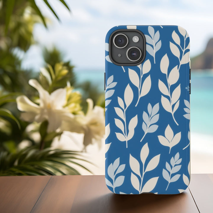 Matisse Style Phone Case – Tough Dual Layer Phone Case With Blue White Tropical Leaves