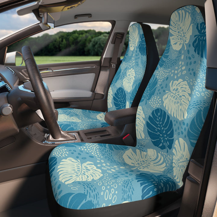 Hawaiian Car Seat Covers – Tropical Monstera Leaf Print Blue White Covers