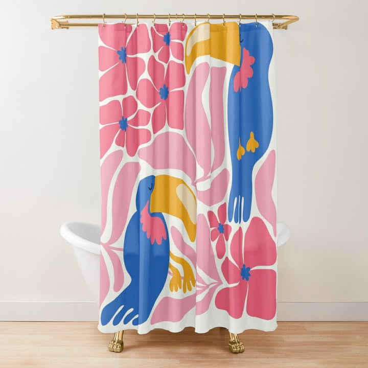 Tropical Toucan Shower Curtain 71"x74" | Vibrant Matisse-Inspired Floral Decor