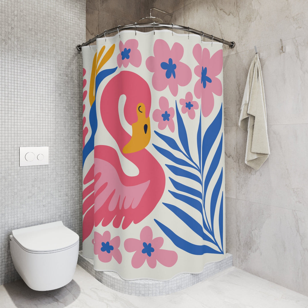 Pink Flamingo Shower Curtain - Tropical Bathroom Decor | Waterproof Polyester