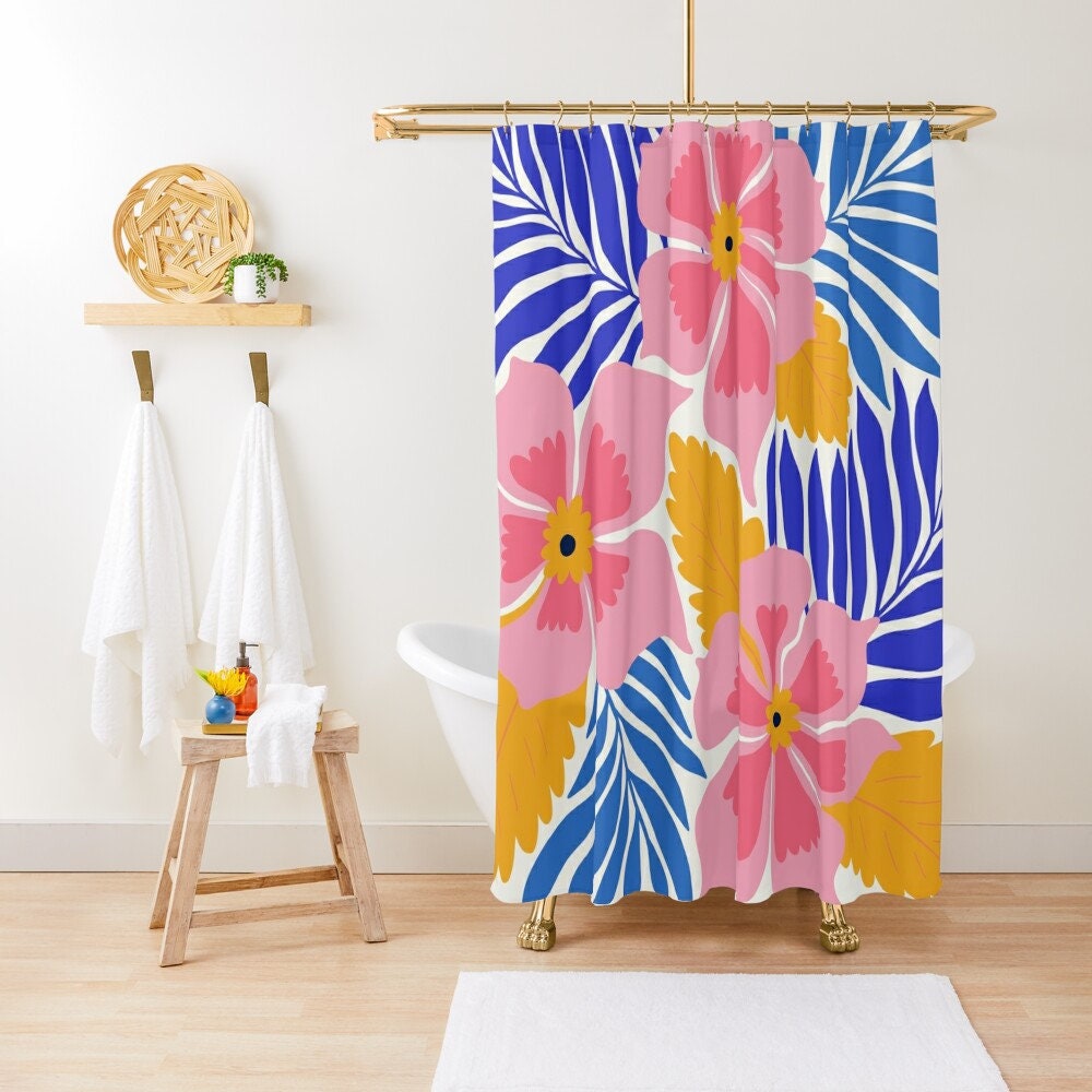 Tropical Shower Curtain - Vintage Floral Bath Curtain | Waterproof Polyester Panel