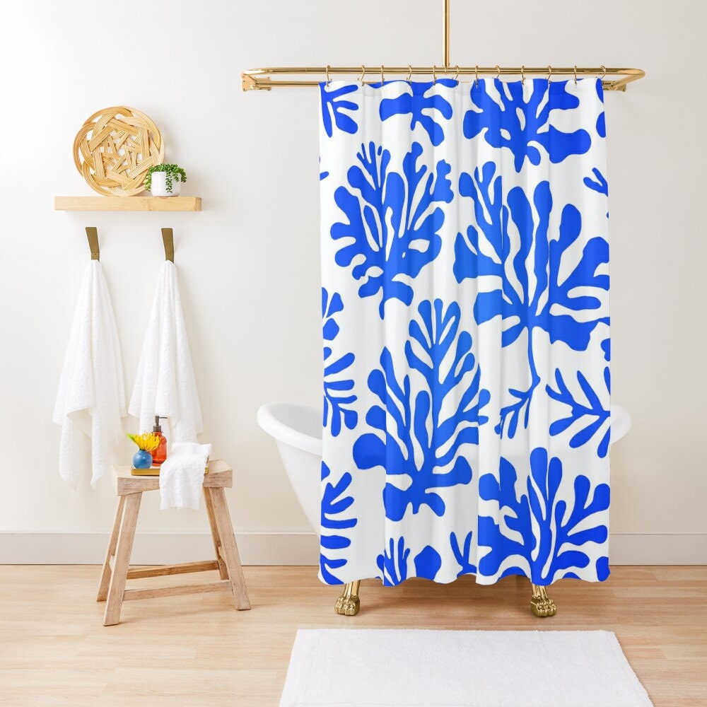 Abstract Coral Shower Curtain 71"x74" | Matisse Inspired Blue White Waterproof Decor