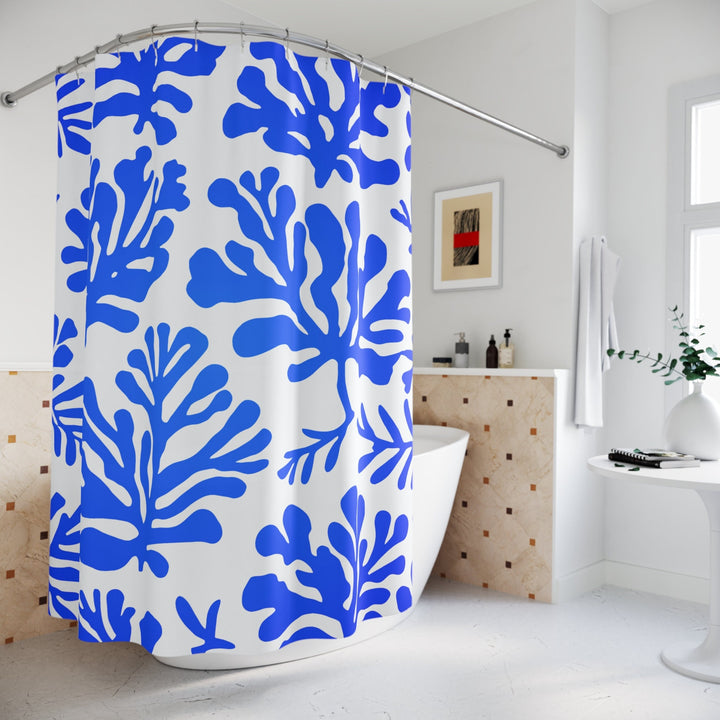 Abstract Coral Shower Curtain 71"x74" | Matisse Inspired Blue White Waterproof Decor