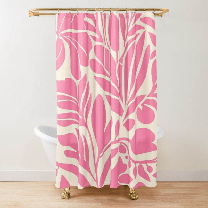 A pink and white floral patterned shower curtain