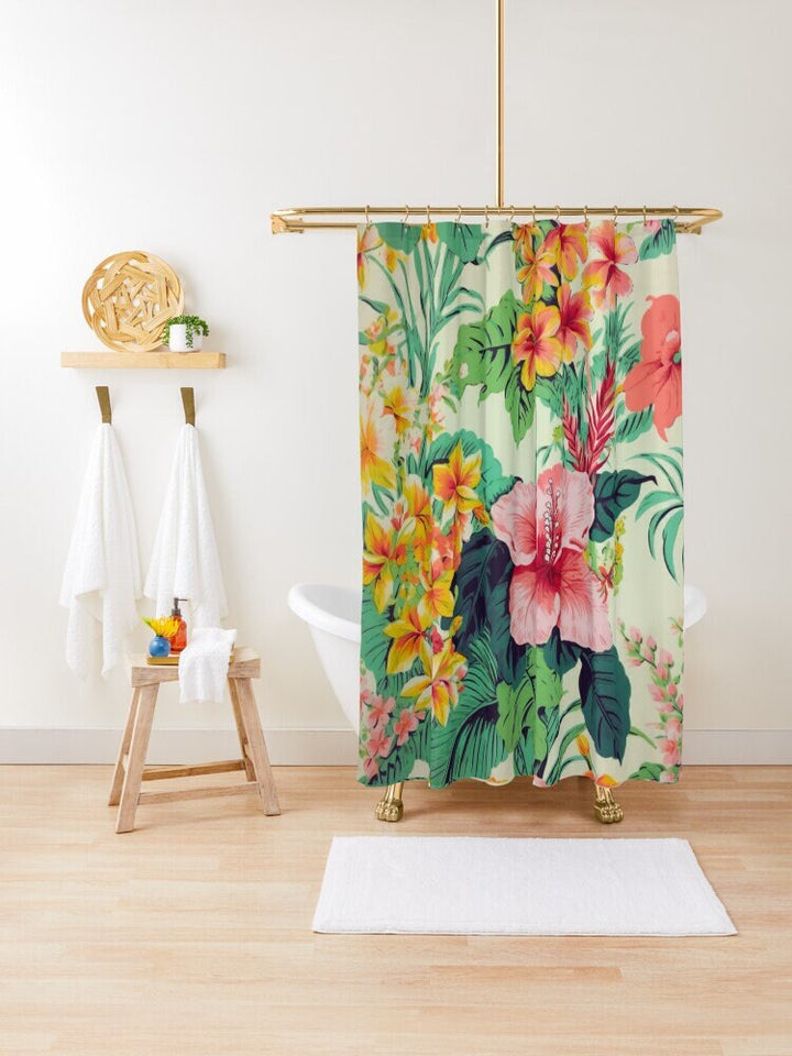 Hibiscus Shower Curtain - Vintage Hawaiian Print Tropical Floral Bathroom Decor