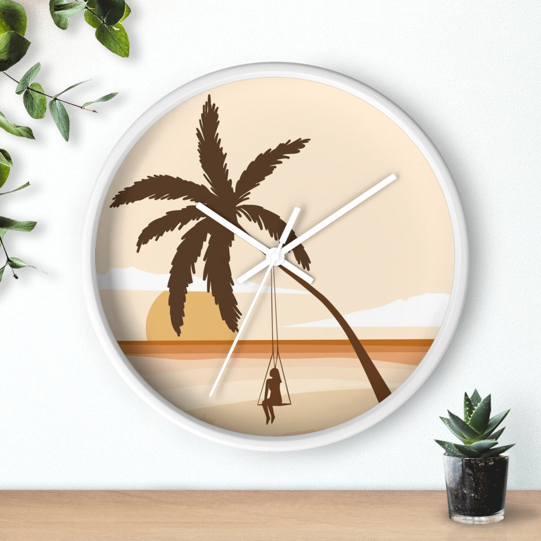 Boho Coastal Wall Clock (10 Inch) | Silent Movement Palm Tree Swing Decor